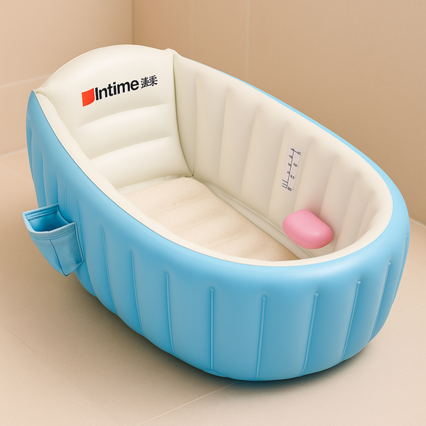 Blue inflatable baby bathtub with white interior on a beige background