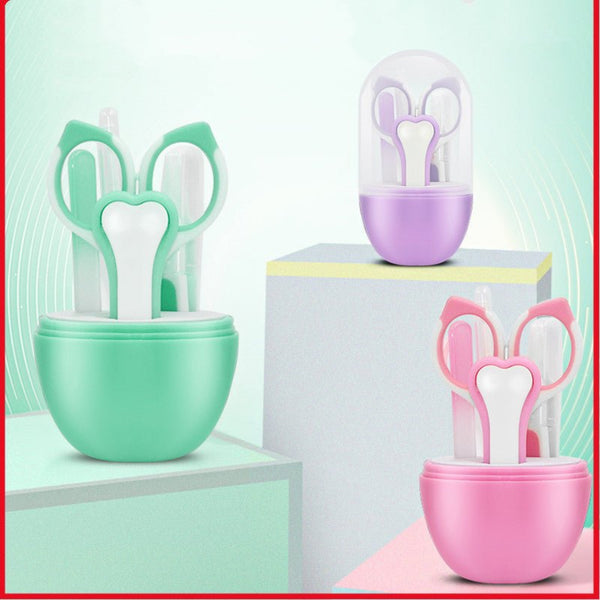 Set of colorful scissors and toothbrushes in holder on a light green background
